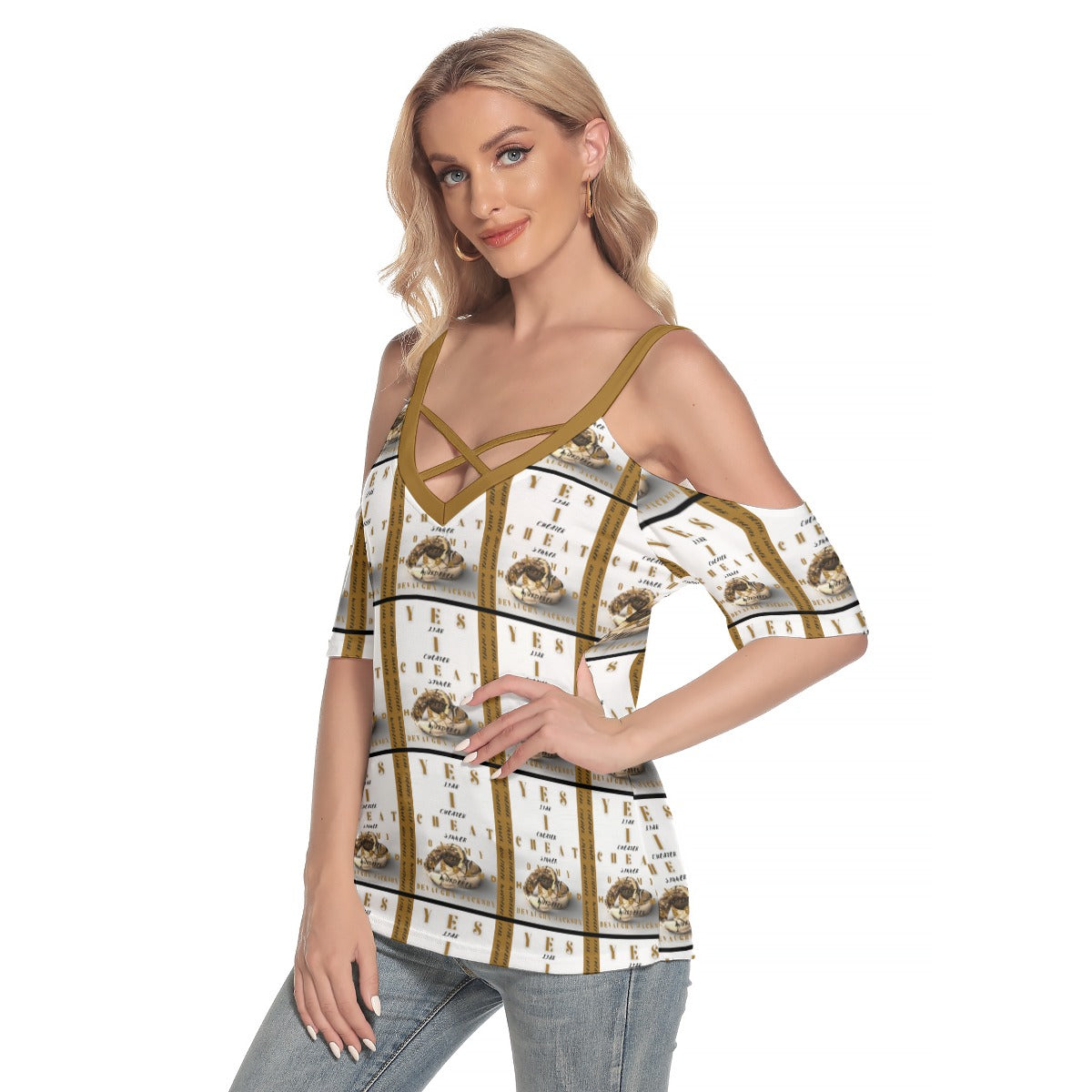 Women's Cold Shoulder T-shirt With Cross Strips